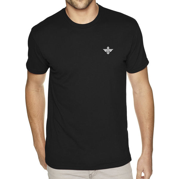 A man wears the Erozul Premium Crewneck T-Shirt in black, featuring a small white abstract logo on the left chest—combining comfort and style from Erozul against a neutral background.